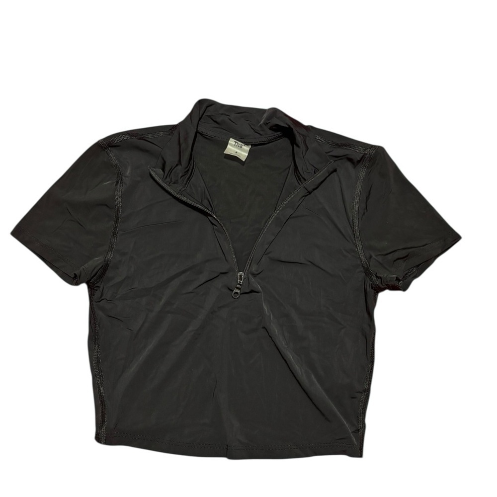 TNA womens Black Short-Sleeve Quarter-Zip crop top